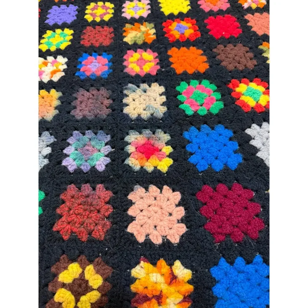 Vintage Handmade Granny Square Afghan Throw Black Crochet Blanket 78 x 52